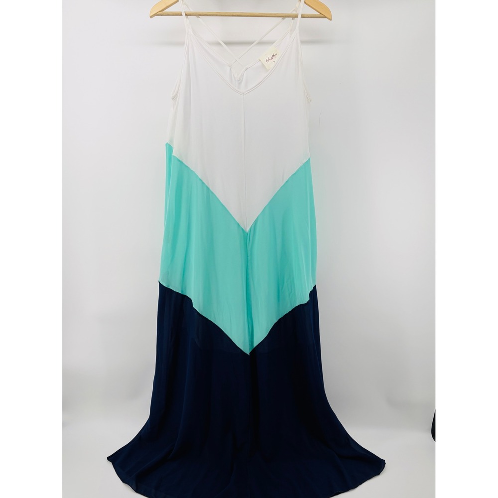 Ella Mara Womens S Tall Colorblock Chevron Maxi Dress White Teal Navy Strappy
